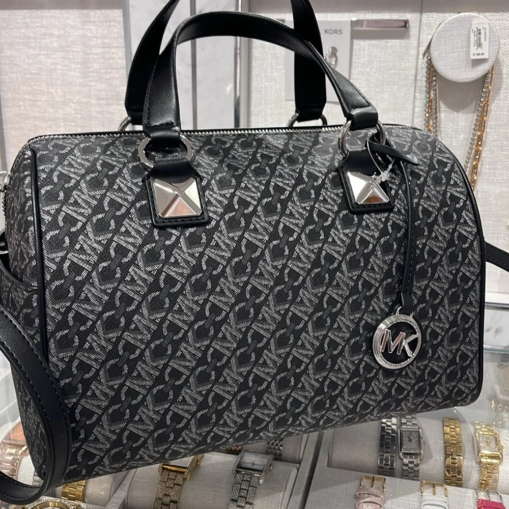 MICHAEL KORS Grayson Medium Metallic Empire Monogram Satchel NWT